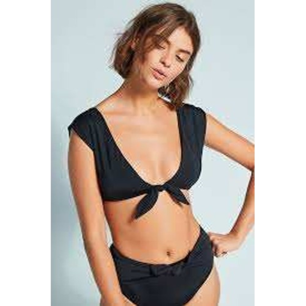 Trina Turk Black Front Tie V-Neck Bikini Top Cap Sleeve TT8BF88 NWT 8